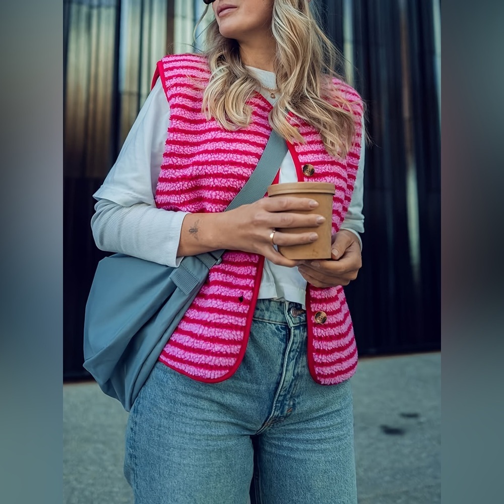 Striped Fleece Button-Up Vest Coat